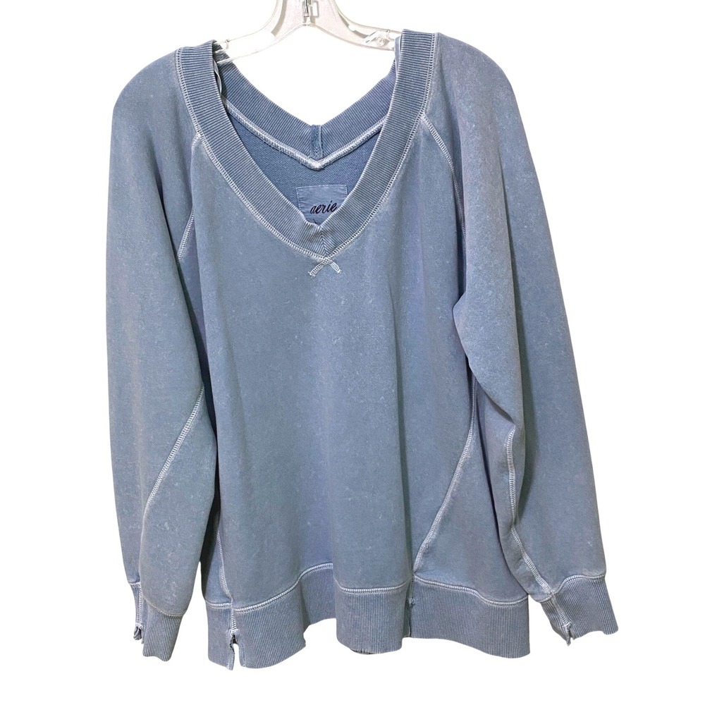 Aerie Power Blue V-neck Womens Sweatshirt S Relaxed Oversized Slouchy Grunge